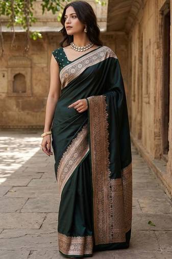 Green silk blend woven design saree with blouse