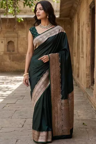 Green silk blend woven design saree with blouse