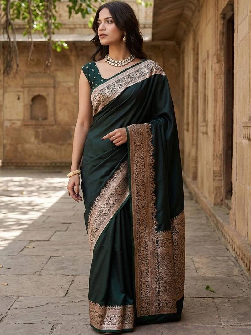 Green silk blend woven design saree with blouse