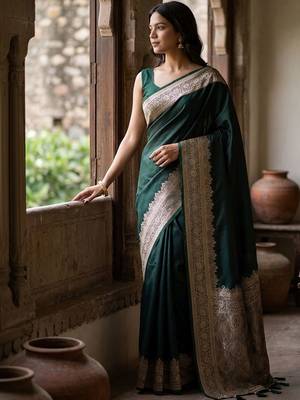 Green silk blend woven design saree with blouse 2