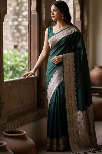 Green silk blend woven design saree with blouse
