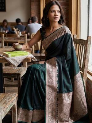 Green silk blend woven design saree with blouse 3