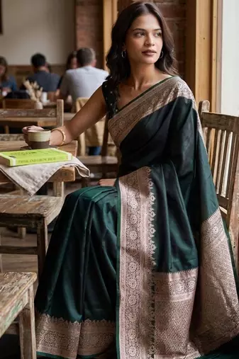 Green silk blend woven design saree with blouse