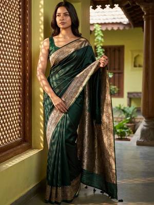 Green silk blend woven design saree with blouse 4