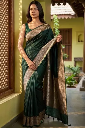 Green silk blend woven design saree with blouse