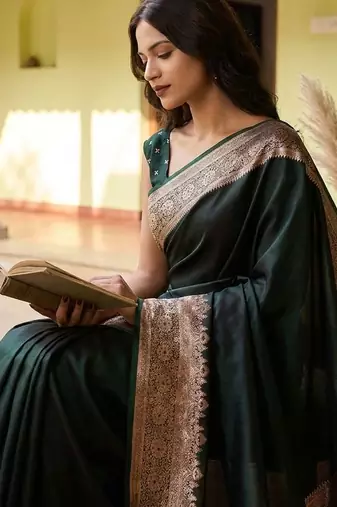 Green silk blend woven design saree with blouse