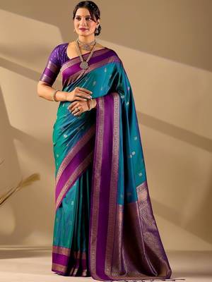 Multicolor silk blend woven design saree with blouse 1