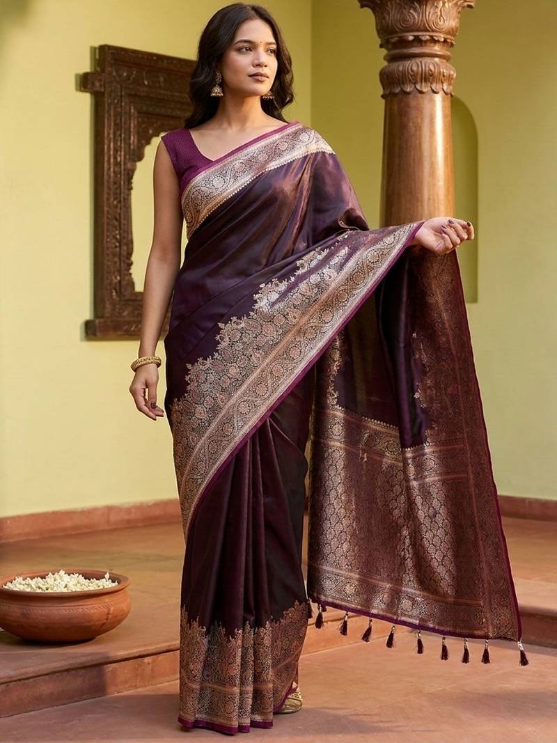 Purple silk blend woven design saree with blouse