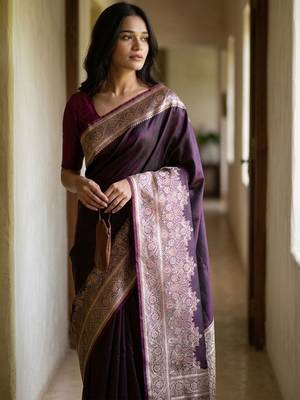 Purple silk blend woven design saree with blouse 3
