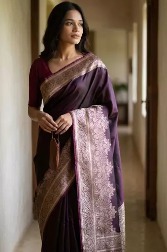Purple silk blend woven design saree with blouse