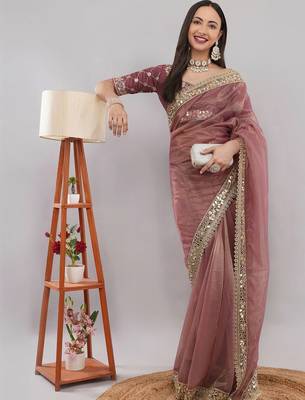 Pink net embellished saree with blouse 1