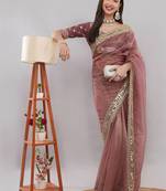 Pink net embellished saree with blouse