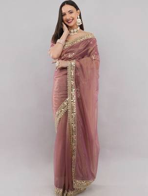 Pink net embellished saree with blouse 2