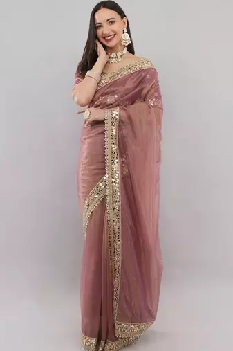 Pink net embellished saree with blouse
