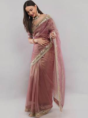 Pink net embellished saree with blouse 3
