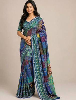 Blue chiffon printed saree with blouse 1
