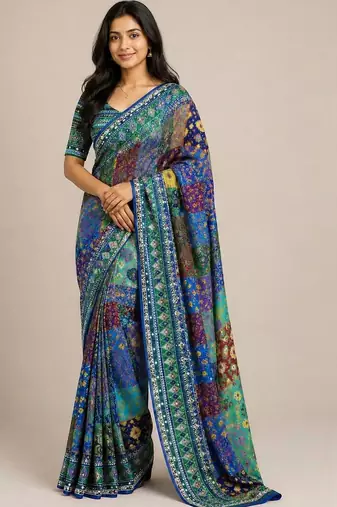 Blue chiffon printed saree with blouse