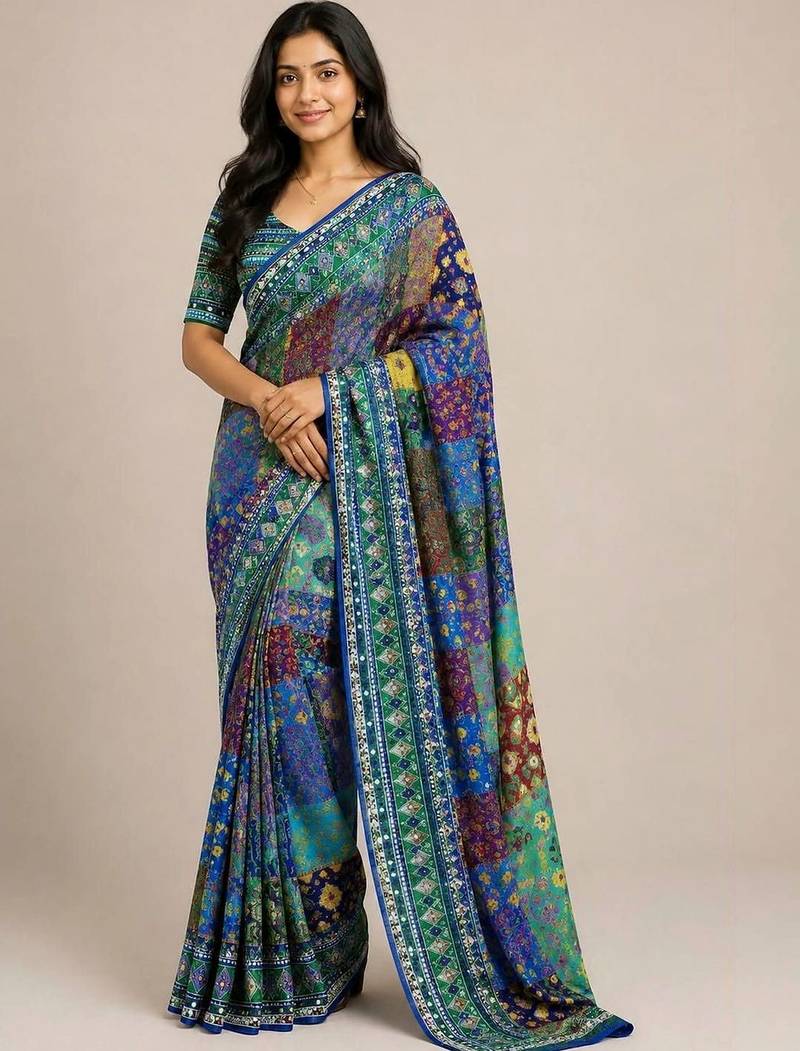 Blue chiffon printed saree with blouse