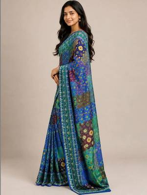 Blue chiffon printed saree with blouse 2