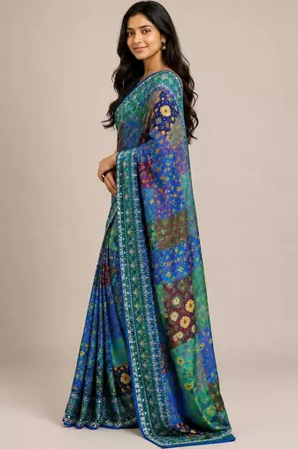 Blue chiffon printed saree with blouse