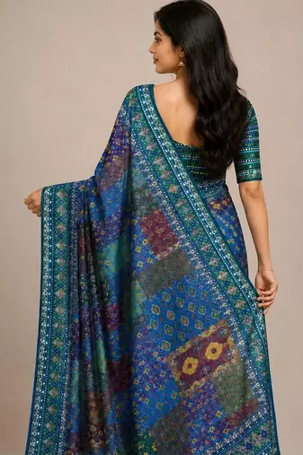 Blue chiffon printed saree with blouse