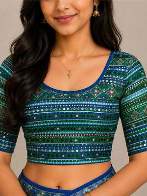 Blue chiffon printed saree with blouse 4