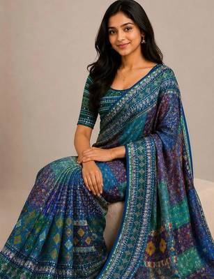 Blue chiffon printed saree with blouse 5