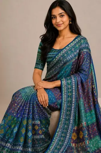 Blue chiffon printed saree with blouse