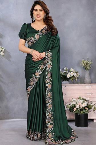 Green satin embroidered saree with blouse