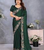 Green satin embroidered saree with blouse