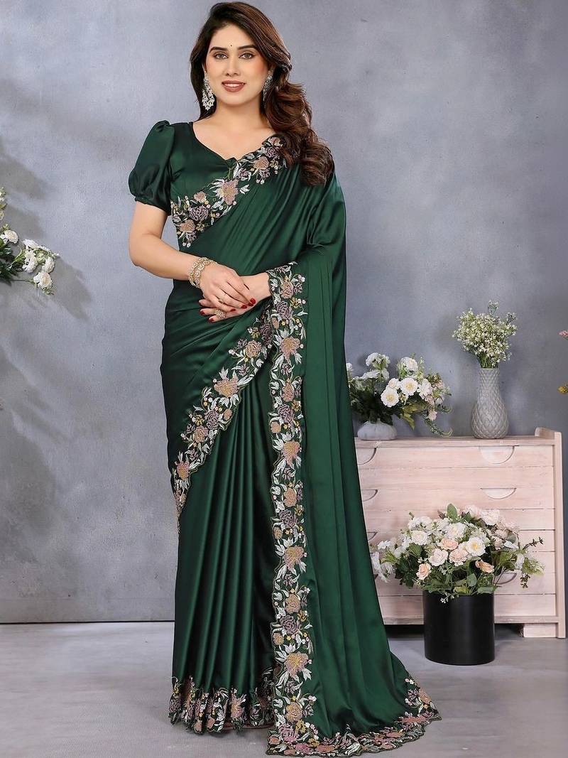 Green satin embroidered saree with blouse