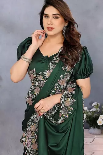 Green satin embroidered saree with blouse