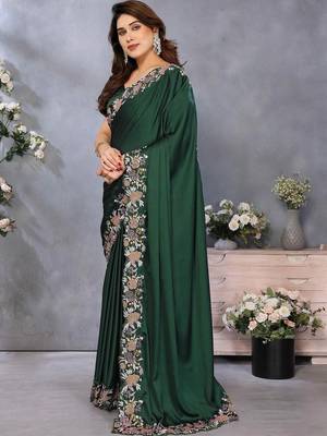 Green satin embroidered saree with blouse 3