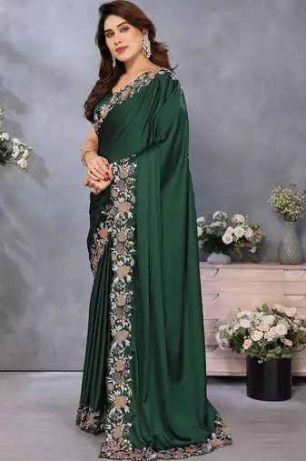 Green satin embroidered saree with blouse