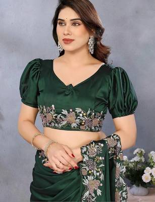 Green satin embroidered saree with blouse 5