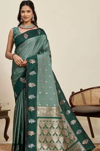 Teal silk blend woven design saree with blouse