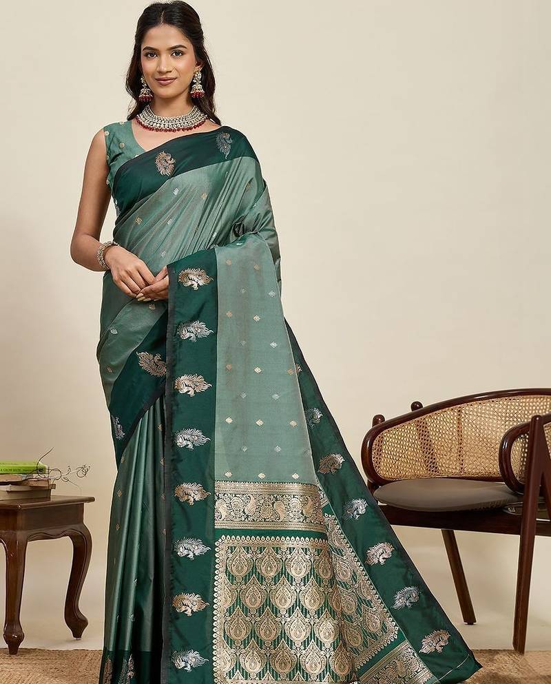 Teal silk blend woven design saree with blouse