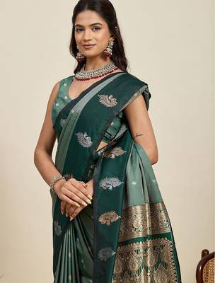 Teal silk blend woven design saree with blouse 2