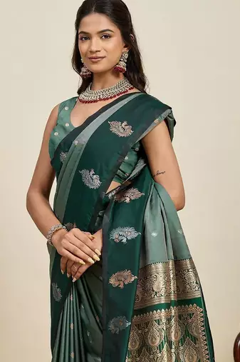 Teal silk blend woven design saree with blouse