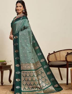 Teal silk blend woven design saree with blouse 3