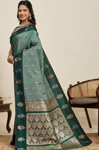 Teal silk blend woven design saree with blouse
