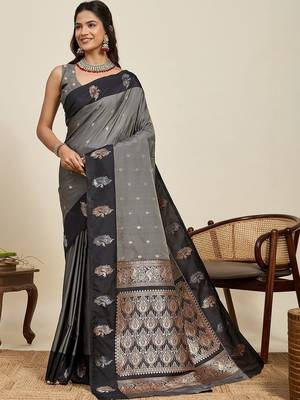 Grey silk blend woven design saree with blouse 1