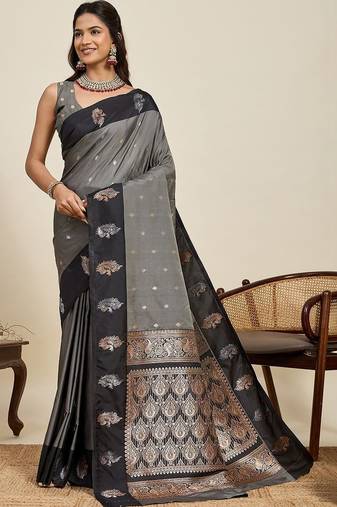 Grey silk blend woven design saree with blouse