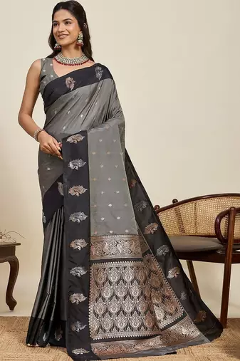Grey silk blend woven design saree with blouse