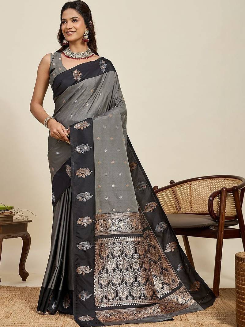 Grey silk blend woven design saree with blouse