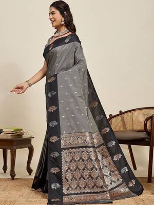 Grey silk blend woven design saree with blouse 3
