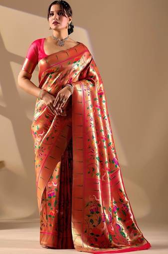 Peach silk blend woven design saree with blouse