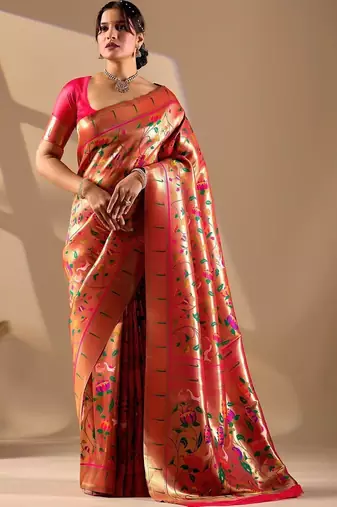 Peach silk blend woven design saree with blouse