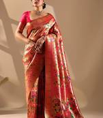 Peach silk blend woven design saree with blouse