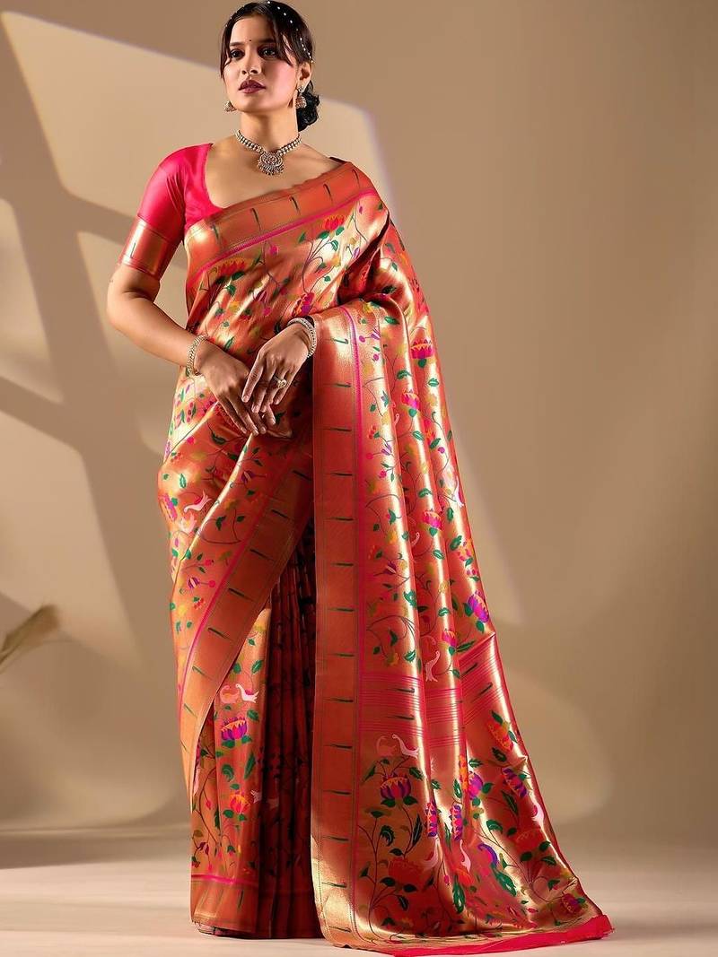Peach silk blend woven design saree with blouse